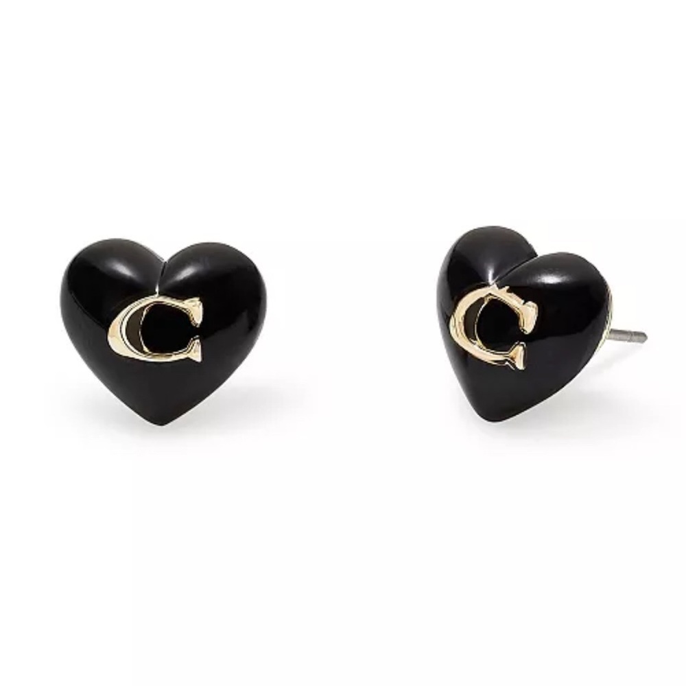NWT Coach Black Heart Stud Earrings with Gold Detail